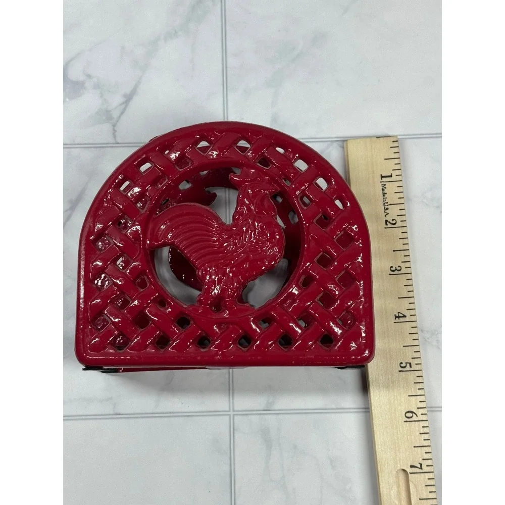 Vintage Red Cast Iron Rooster Napkin Holder Farmhouse Lattice Basketweave Red